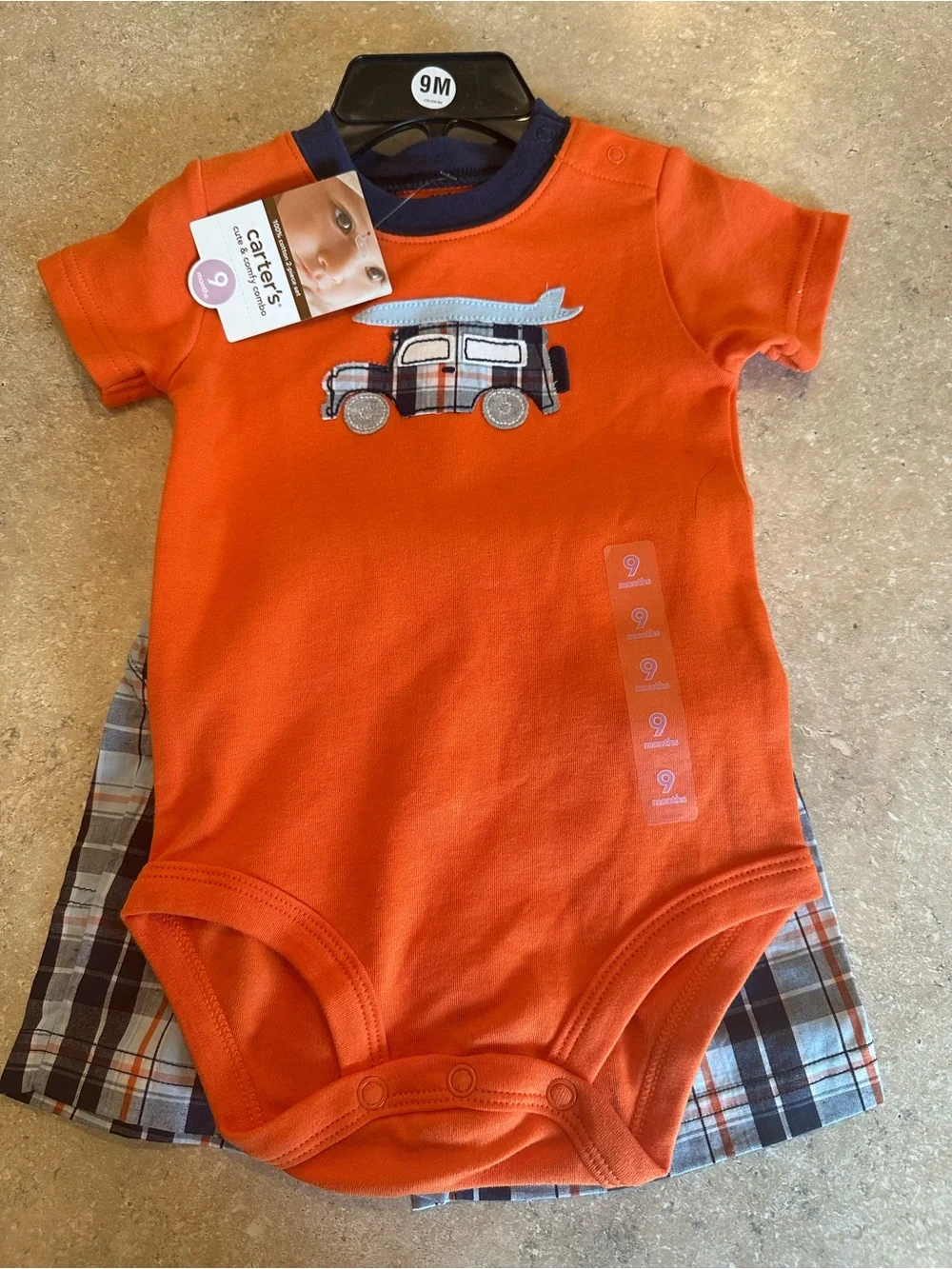 Carter's Orange Short-Sleeve Bodysuit with Plaid Truck Applique
